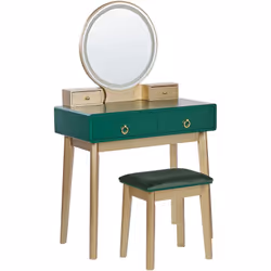 Toeletta in stile glamour con sgabello. Crea un angolo di bellezza unico utilizzando una toeletta elegante dal look glam, con ...