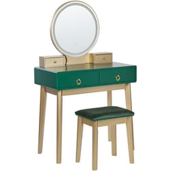 Toeletta in legno MDF e poliestere verde e dorata con sgabello e specchio LED Fedry