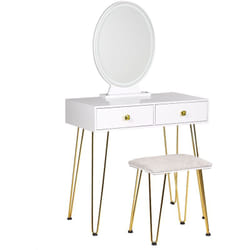 Beliani - Toeletta con 2 cassetti specchio led bianco e oro e sgabello Caen