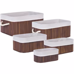 Set di cesti da bagno in legno. Ordina il tuo bagno con questo set di 5 cesti. Realizzati a mano in legno di bambù di alta qu ...