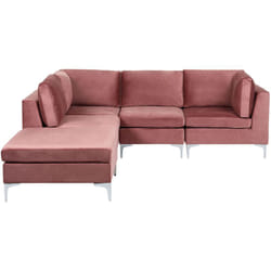 Divano Angolare Modulare Destro Velluto Rosa 4 Posti con Ottomana Evja