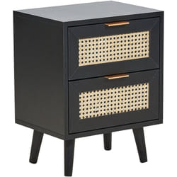Comodino 2 cassetti in rattan mdf nero Gambe in legno di gomma Comodino in stile boho Camera da letto nera Opoco