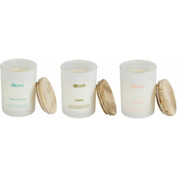 Beliani - Set di 3 candele profumate 100% cera di soia Stoppino di cotone Vetro bianco Fragranza Pelle/Vento di Mare/Ambra Vetro classico