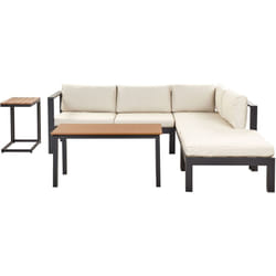 Set da giardino 5 posti in alluminio nero con divano e cuscini beige e tavolo a doghe Messina