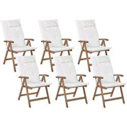 Set di 6 sedie da giardino rustiche in legno d'acacia naturale pieghevoli e regolabili con braccioli in legno scuro cuscini bianco sporco Amantea