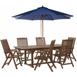 Set da giardino con 6 sedie in legno di acacia marrone scuro e ombrellone blu Amantea