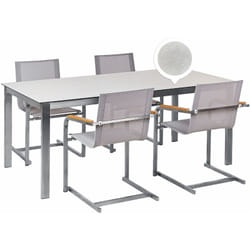 Set da giardino con 4 posti in acciaio inox con tavolo piano in vetro e Sedie in tessuto bianco Cosoleto