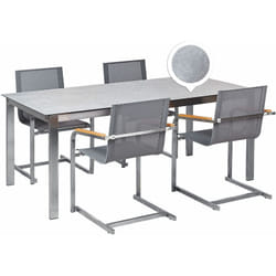 Set da giardino con 4 posti in acciaio inox con tavolo piano in vetro e Sedie in tessuto grigio Cosoleto