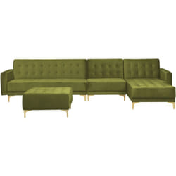 Divano Letto Angolare Modulare Sinistra Velluto Trapuntato con Ottomano Verde Oliva Aberdeen