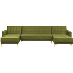 Divano letto angolare modulare a U 3 posti e 2 poltrone in velluto verde oliva Aberdeen