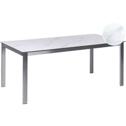 Tavolo da pranzo da giardino a 6 posti 180 x 90 cm Piano in vetro temperato effetto marmo Struttura in acciaio inox Cosoleto