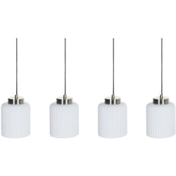 Lampadario in metallo con 4 paralumi in vetro bianco nero e ottone Caudelo