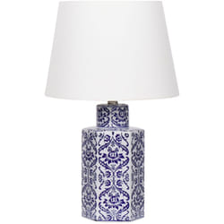 Lampada da tavolo classica con paralume in tessuto di lino base in porcellana bianco e blu 53 cm Marcelin
