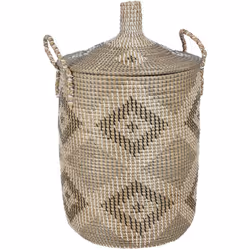 Cesto intrecciato a mano con coperchio e manici. Innalza il tuo livello di organizzazione con questo cestino, una meraviglia  ...
