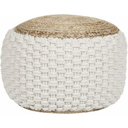 Pouf ottomano rotondo in maglia boho in cotone e iuta 50 x 35 cm bianco e beige Aiza