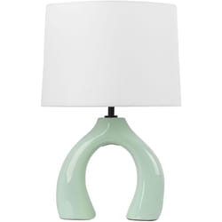 Lampada da tavolo in ceramica verde con paralume a tamburo in lino Abbie