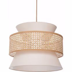 Lampada a sospensione con dettagli in rattan. Decora ogni stanza con classe con questo splendido lampadario. Realizzato in ra ...
