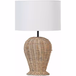 Lampada da comodino in vimini naturale. Valorizza il tuo spazio con questa lampada da tavolo realizzata in vimini, lavorata c ...