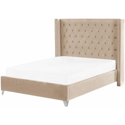 Letto matrimoniale con testiera alta imbottita in velluto beige 140 x 200 cm Lubbon