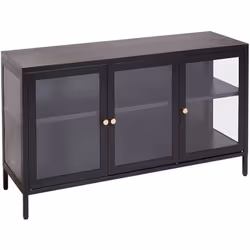 Elegante mobiletto con frontale in vetro. Apri le porte all'eleganza e alla praticità con questa credenza dal design industri ...