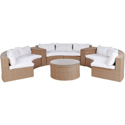 Beliani - Set Divano Angolare Tavolo Tondi in Finto Rattan Beige Sabbia Cuscini Bianchi Severo