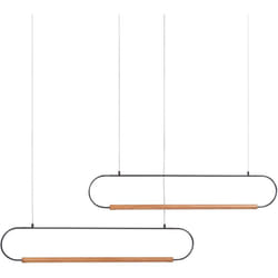 Lampadario a 2 luci led integrate design paralumi metallo verniciato nero e legno chiaro Logone