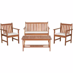 Set da giardino in acacia con cuscini di seduta. Trasforma il tuo spazio all'aperto con questo raffinato set da pranzo da gia ...