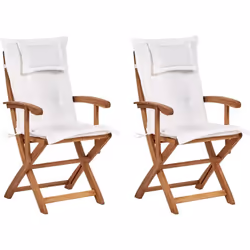 Set di due sedie da giardino pieghevoli in legno con poggiabraccia e cuscini. Questo set di sedie da giardino pieghevoli è la ...