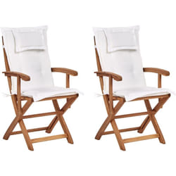 Set di 2 sedie pieghevoli da giardino in legno chiaro per pranzi e cene all'aperto con cuscino bianco Maui ii