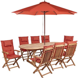Set da pranzo da giardino a 8 posti Tavolo ovale Acacia Sedie pieghevoli Cuscini rossi e ombrellone Maui ii
