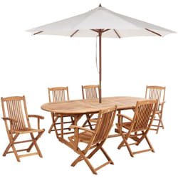 Set da Giardino Tavolo in Legno di Acacia Chiaro 6 Sedie Pieghevoli e ombrellone Maui