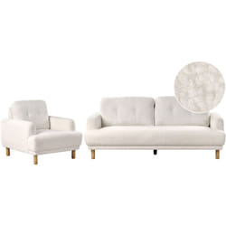 Set da salotto composto da divano a 3 posti e poltrona gambe in legno seduta spessa con rivestimento in bouclé bianco Tuve