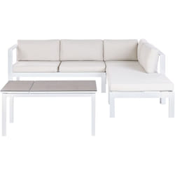 Set da giardino divano 5 posti e tavolo elevabile con struttura bianca e piano in vetro e cuscini bianchi color crema Messina