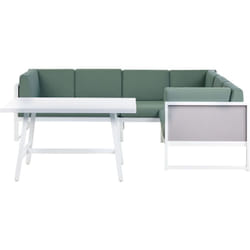 Set da salotto da giardino con tavolino bianco in alluminio bianco con cuscini verdi e tavolino Castella/Fratte