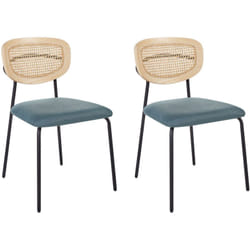 Set di 2 Sedie da pranzo moderne Sgabelli con schienale in rattan a treccia viennese Seduta in poliestere senza braccioli Gambe nere Blu Mayetta