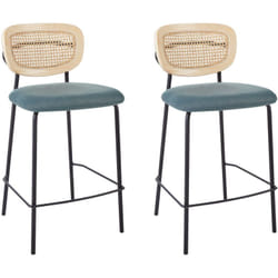 Set di 2 sedie da bar moderne Sgabelli con schienale in rattan a treccia viennese Seduta in poliestere senza braccioli Blu Gambe nere Mayetta