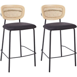 Set di 2 sedie da bar moderne Sgabelli con schienale in rattan a treccia viennese Seduta in poliestere senza braccioli Gambe nere Mayetta