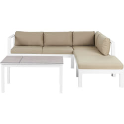 Set da giardino divano 5 posti e tavolo elevabile con struttura bianca e piano in vetro e cuscini beige Messina