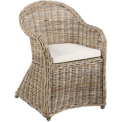 Poltrona da giardino in rattan naturale con cuscini in cotone bianco Susua II