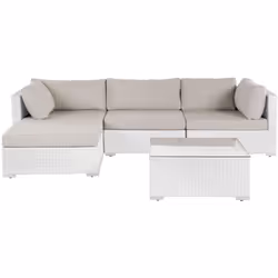 Divano modulare con tavolino in polirattan. Questo set da giardino, composto da un divano modulare e un tavolino con piano in ...