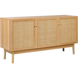 Credenza a 3 ante in truciolato di pino, fronte in rattan, mobile in stile bohémien in legno chiaro Nivo