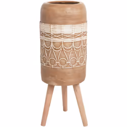 Vaso di fiori Boho con supporto in legno. Questo vaso da fiori dipinto a mano, ornato da intricati disegni in colori tenui, c ...