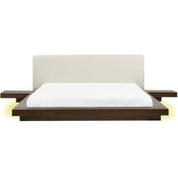 Letto matrimoniale basso giapponese con LED e comodini testata in ecopelle bianca 180 x 200 cm Zen
