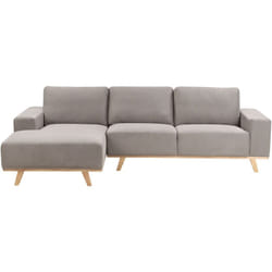Divano moderno ad angolo lato destro Tessuto Poliestere Rivestimento Gambe in legno chiaro Schienale con cuscino Tortora Nora