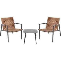 Set bistrot 2 posti in rattan PE 2 sedie Tavolino da caffè Telaio e gambe in acciaio nero Mobili da giardino marrone Ziria