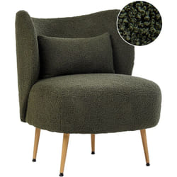 Poltrona Soggiorno Seduta Schienale curvo Design Glam Tappezzeria Boucle Legno chiaro Gambe in metallo Verde Scuro Otsby ii