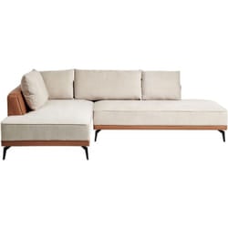 Divano angolare tessuto ecopelle beige e marrone con gambe in acciaio lato destro Myken