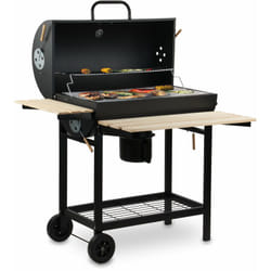 Bbq-toro - Carrello barbecue a carbonella Affumicatore mobile premium, griglia per barbecue con coperchio, scaldavivande, ripiani in legno
