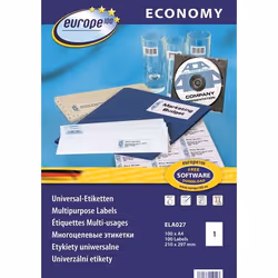 Avery ELA027, Bianco, Etichetta per stampante autoadesiva, A4, 21 cm, 29,7 cm, 100 pz