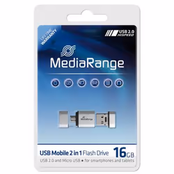 MediaRange 16GB USB Mobile 2 in 1 OTG, 16 GB, USB Type-A / Micro-USB, 2.0, 15 MB/s, Cuffia, Argento